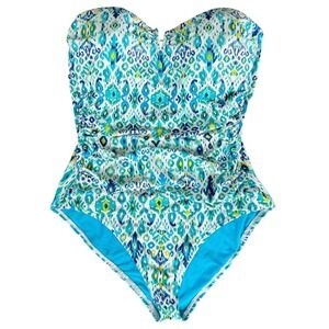 Tommy Bahama Strapless One Piece Swimsuit Size 16 Blue Ikat Resort Summer Swim